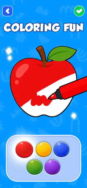 Coloring Fun screen with a red marker filling an apple outline above a palette of five colored paint dots