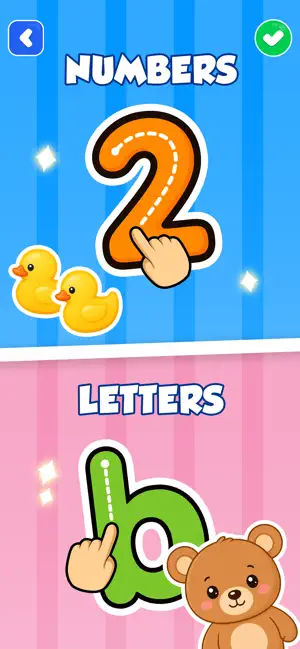 Numbers and Letters tracing panels with a finger following a dotted orange 2 and a green lowercase b beside a teddy bear