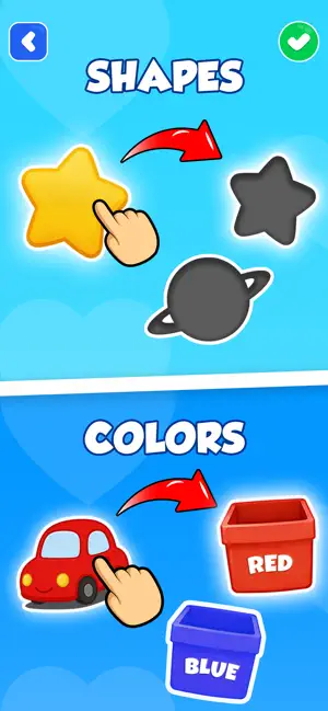 Shapes panel matching a yellow star to its silhouette above a Colors panel sorting a red toy car into Red and Blue boxes