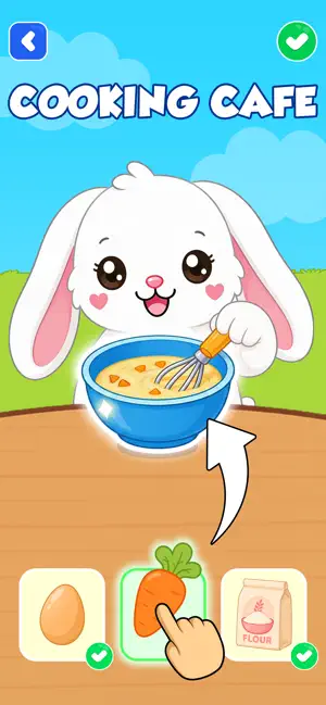 Cooking Cafe scene where a white bunny whisks a bowl as a finger drags a carrot beside egg and flour cards