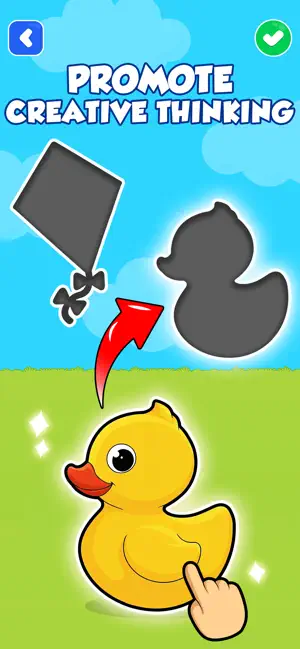 Promote Creative Thinking screen with a finger dragging a yellow duck toward its matching silhouette next to a kite outline