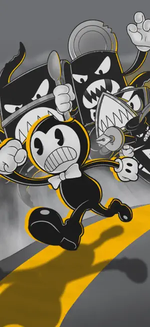 Key art of Bendy running from a crowd of shadowy ink monsters on a yellow-and-black background