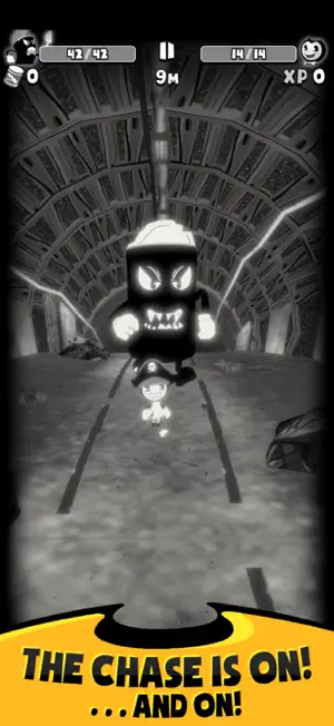 Bendy running down a tunnel toward the camera with a glowing ink demon looming behind