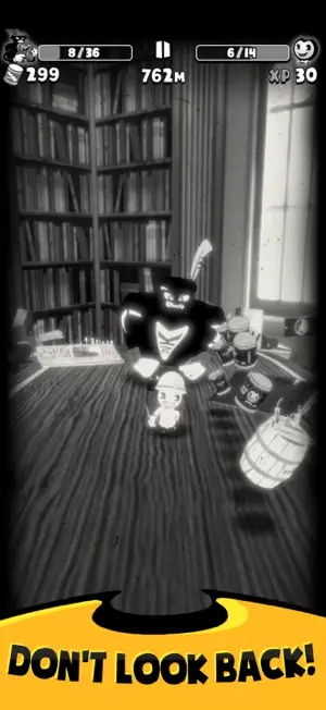 Boris running through a library as a giant ink figure chases past bookshelves