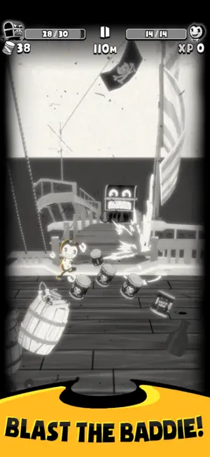 Alice on a pirate dock throwing a weapon at Chester the treasure chest boss on a ship