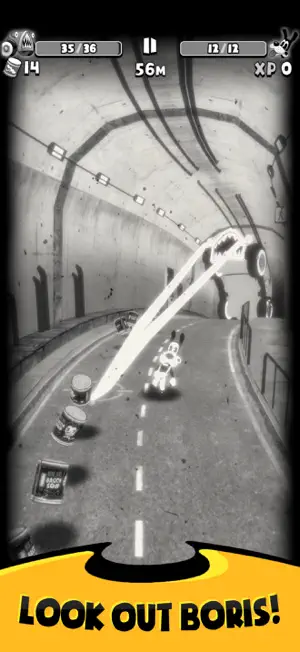 Boris running along a road tunnel toward Gaskette the taxi, captioned look out Boris