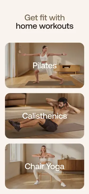 Phone screen headed Get fit with home workouts, with three photo cards: Pilates with a woman in a lunge on a mat, Calisthenics with a man in shorts doing an abs exercise, and Chair Yoga with a woman beside a chair