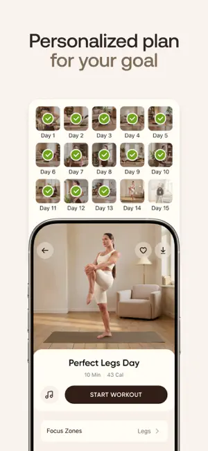 Screen headed Personalized plan for your goal: a 15-day grid of workout thumbnails, most days checked off, above a Perfect Legs Day card showing 10 Min, 43 Cal, Focus Zones Legs and a Start Workout button