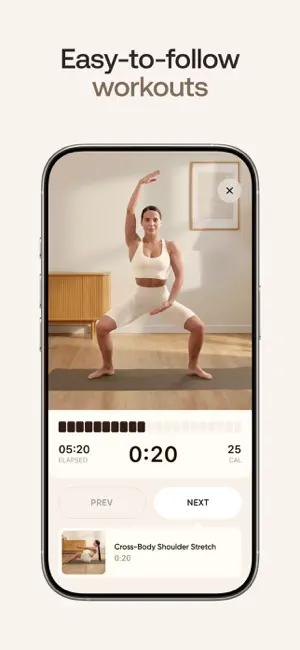 Screen headed Easy-to-follow workouts: a woman in a wide stance with one arm raised on a mat, a 0:20 countdown, 05:20 elapsed, 25 Cal, Prev and Next buttons and a Cross-Body Shoulder Stretch card