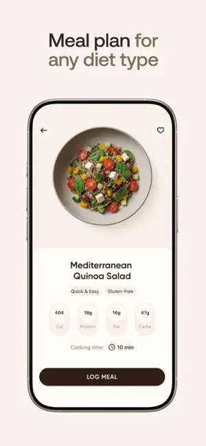 Screen headed Meal plan for any diet type showing a Mediterranean Quinoa Salad tagged Quick & Easy and Gluten-Free, with 404 Cal, 18 g protein, 16 g fat, 47 g carbs, a 10 min cooking time and a Log Meal button