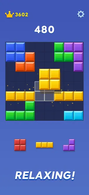 Grid mid-game with three shapes waiting below and a 480 score
