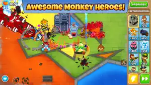 Monkey heroes defending a track with upgrades listed at the side