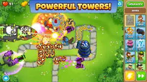 Upgraded towers firing along a winding path through grass
