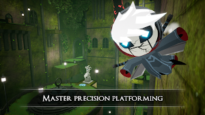 The masked hero leaping between mossy pillars in a green ruin — Master precision platforming