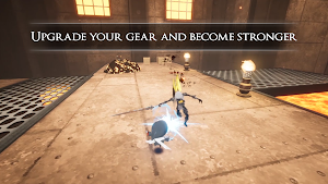 The hero swinging a sword at a crowd of shadow enemies in a stone hall — Upgrade your gear