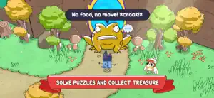 A frog demanding food beside a forest path — Solve Puzzles and Collect Treasure