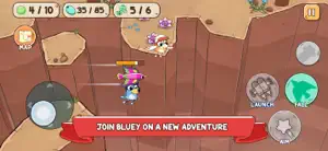 Bluey bouncing along a rocky ledge beside a launch button — Join Bluey on a New Adventure