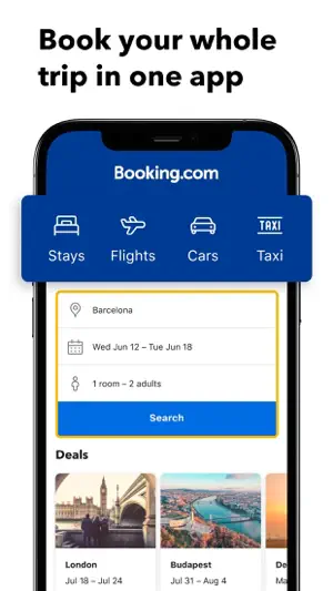 Booking.com home screen with Stays, Flights, Cars and Taxi tabs above a Barcelona search for one room and two adults