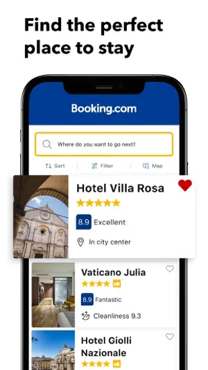 Hotel search results with Sort, Filter and Map buttons, led by Hotel Villa Rosa rated 8.9 Excellent