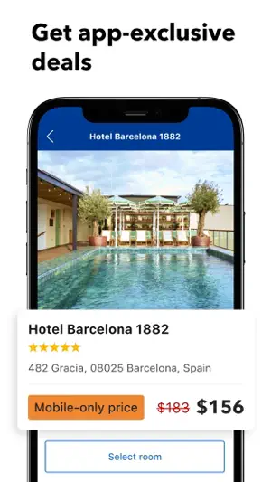 Hotel Barcelona 1882 room offer with an orange Mobile-only price label cutting $183 to $156