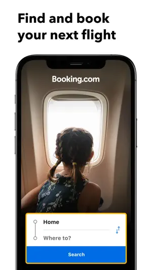 Flight search form with Home and Where to? fields over a photo of a child at a plane window