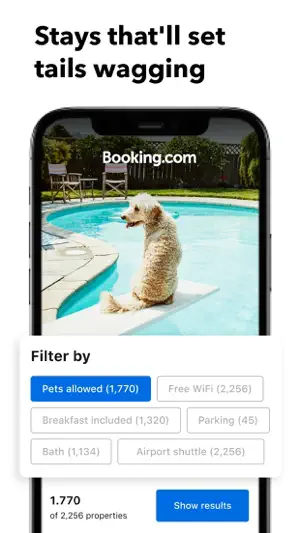 Filter panel with Pets allowed, Free WiFi, Breakfast included and Airport shuttle chips showing property counts