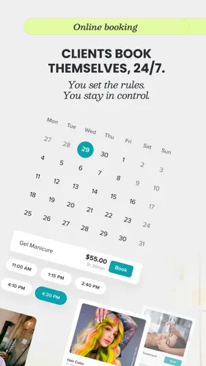 Online booking calendar with the 29th selected, a $55.00 Gel Manicure and open time slots from 11:00 AM to 4:30 PM