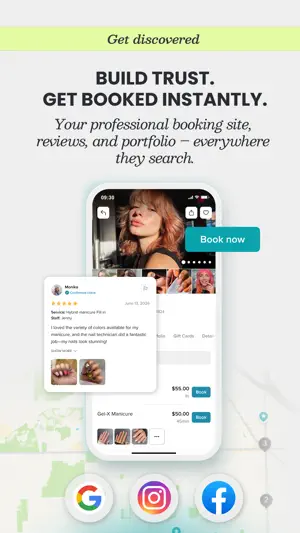 Business profile with a Book now button, a five-star manicure review, Gel-X Manicure priced at $50.00 and Google, Instagram and Facebook icons