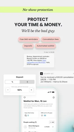 No-Show Protection screen with a 50% deposit setting, an SMS appointment reminder, a $30.00 cancellation fee alert and a waitlist of seven clients