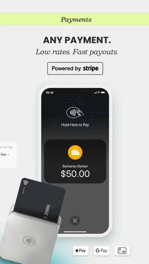 Tap to Pay screen charging $50.00 for Barbarian Barber next to a card reader, with Apple Pay and Google Pay logos