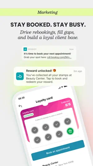 Completed loyalty card with 8 of 8 stamps, a Reward unlocked notification and a rebooking reminder from Beauty Center
