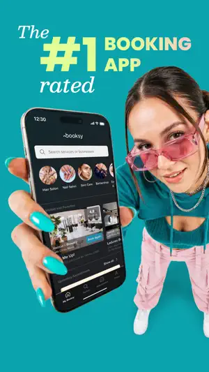 Woman in pink sunglasses holding a phone with the Booksy home screen, search bar and category icons, beside a #1 rated booking app banner