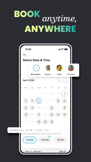 Select Date & Time screen for April 2026 with staff picks Monica, Pablo and Amanda, color-coded slot counts and a $80 Haircut + Blowdry