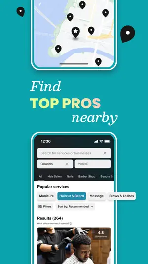 Map of provider pins above Orlando search results for Haircut & Beard, showing 264 results sorted by Recommended