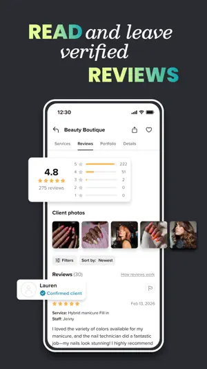 Beauty Boutique reviews tab with a 4.8 average from 275 reviews, client photos and a review marked Confirmed client