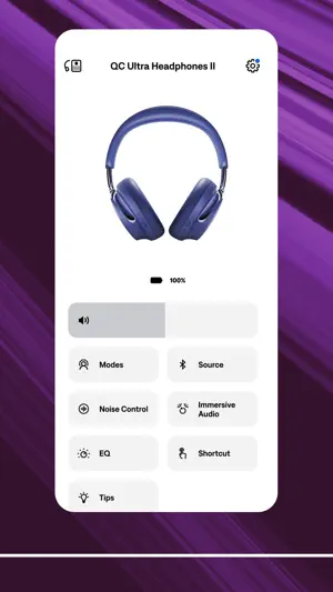 QC Ultra Headphones II control screen at 100% battery with a volume slider and Modes, Source, Noise Control, Immersive Audio, EQ, Shortcut and Tips tiles