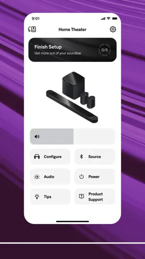 Home Theater screen with a Finish Setup 0/5 card, a soundbar, subwoofer and two rear speakers, and Configure, Source, Audio, Power, Tips and Product Support tiles