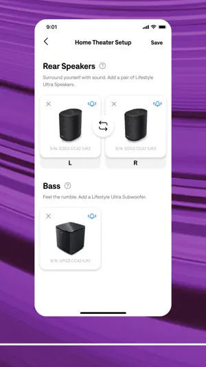 Home Theater Setup screen pairing two Lifestyle Ultra Speakers as left and right rear speakers and adding a Lifestyle Ultra Subwoofer for bass