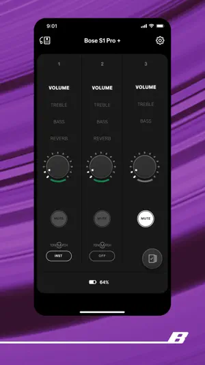 Bose S1 Pro+ mixer screen with volume, treble, bass and reverb knobs for channels 1 to 3, mute buttons and 64% battery