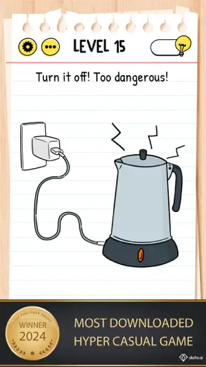 Brain Test level 15: an electric kettle plugged into a wall socket under the prompt Turn it off! Too dangerous!, above a 2024 most-downloaded award banner