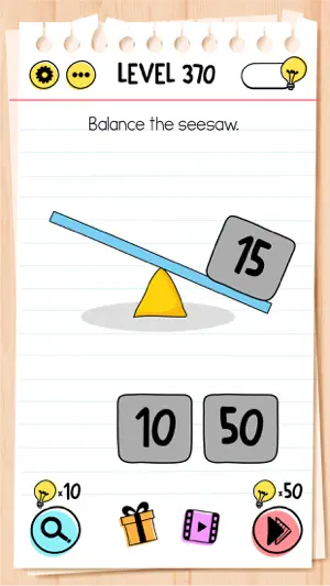Level 370 asks you to balance a seesaw holding a block marked 15, with tiles of 10 and 50 below and hint and skip buttons priced in bulbs