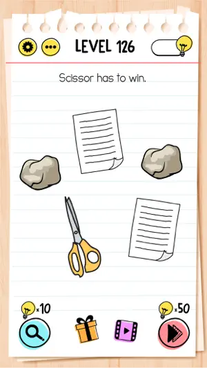 Level 126 shows two rocks, two sheets of paper and a pair of scissors under the prompt Scissor has to win