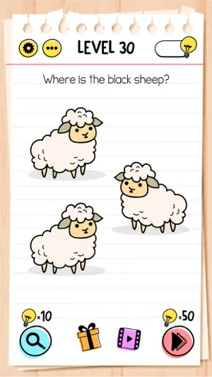 Level 30 shows three white sheep under the question Where is the black sheep?