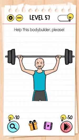 Level 57: a straining bodybuilder holding a barbell overhead with the prompt Help this bodybuilder, please!