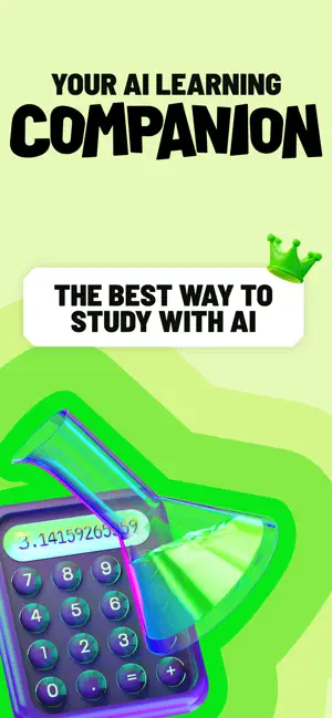 Lime-green promo screen headed Your AI Learning Companion, with the line The best way to study with AI and a 3D calculator graphic