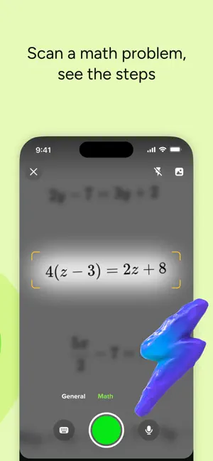 Camera scan screen in Math mode framing the equation 4(z - 3) = 2z + 8, with a green shutter button and keyboard and microphone icons