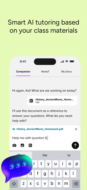 Companion chat with a PDF named History_AncientRome_Homework attached, tabs for Companion, Notes and My Docs, and a message asking for help with question 6