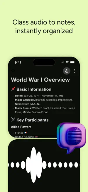Notes screen titled World War I Overview listing dates, major causes and Allied powers, above a white audio waveform