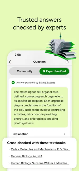 Question page with Community and Expert-Verified tabs, a green Answer powered by Brainly Experts box about cell organelles, and a Cross-checked with these textbooks list