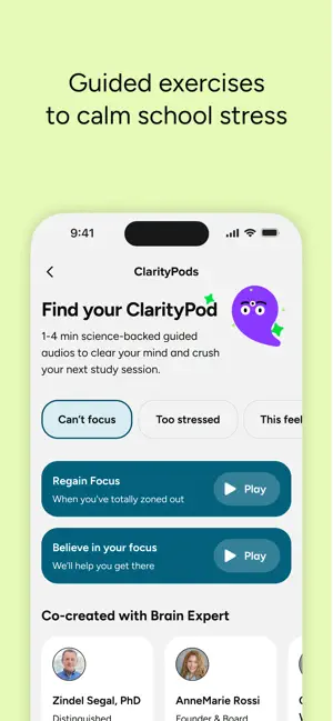 ClarityPods screen offering 1-4 min guided audios, with chips such as Can't focus and Too stressed, Play buttons and a Co-created with Brain Expert row